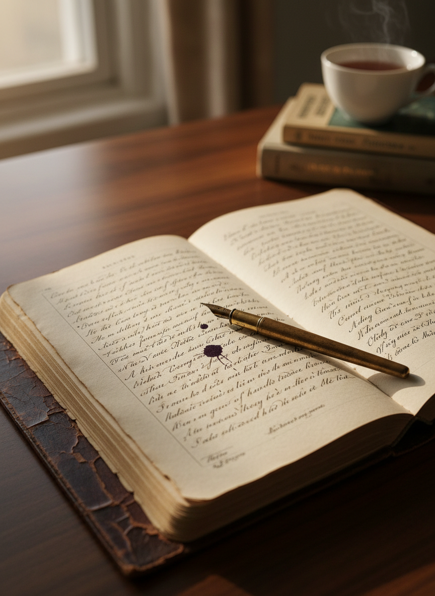 A worn, leather-bound poetry journal lying open on a dark walnut desk, its creamy, deckled pages filled with elegant, handwritten lines and marginal notes. A slender brass fountain pen rests diagonally across the center fold, a faint ink blot blooming near its nib. Soft morning light enters from an unseen window to the left, casting long, delicate shadows and a warm glow on the textured paper. In the softly blurred background, a single porcelain cup of tea and a small stack of poetry books add quiet context. Photographic realism, shot at eye level with a shallow depth of field, creates an intimate, contemplative atmosphere that feels sophisticated and introspective.