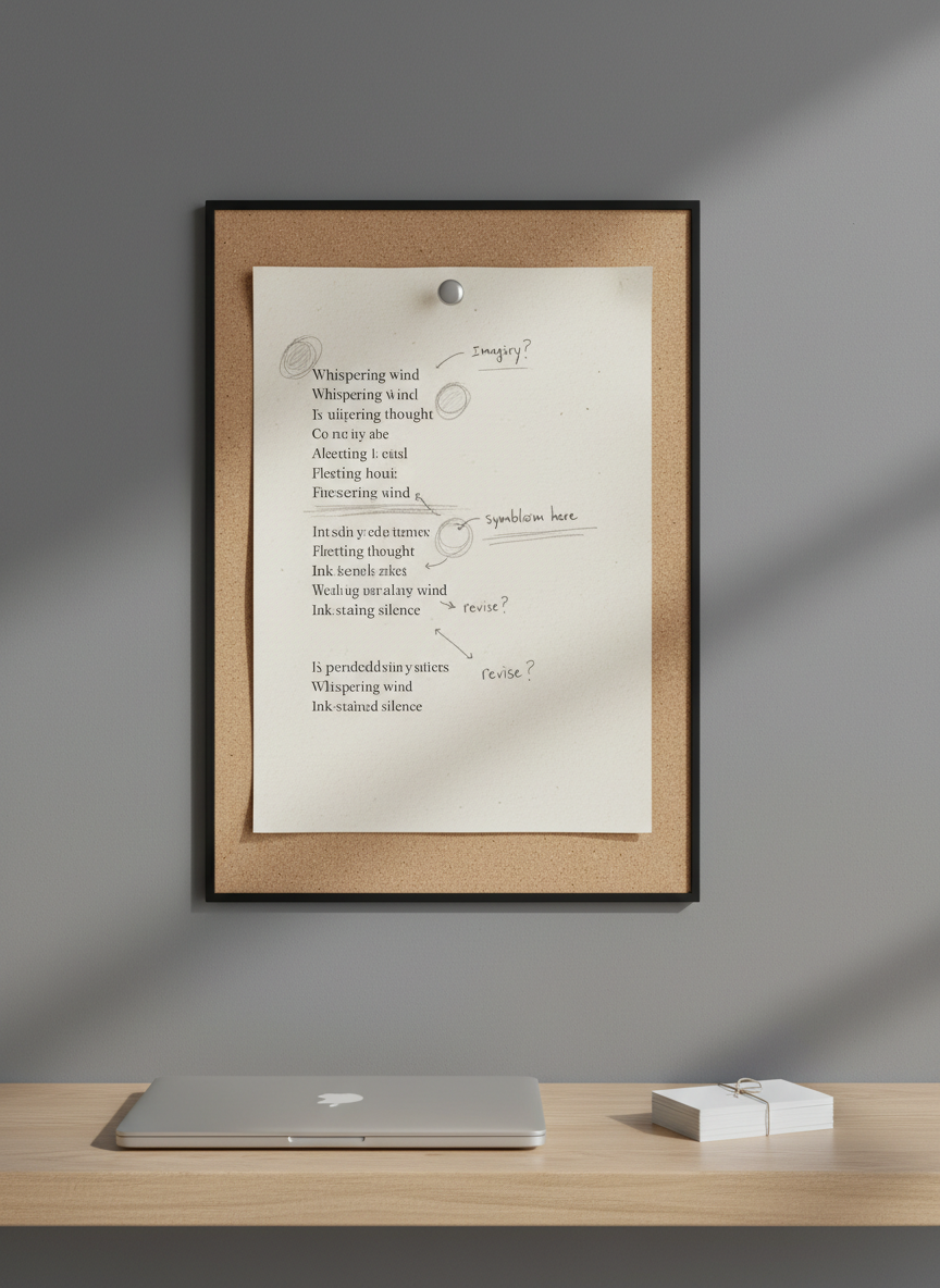A single sheet of heavyweight, ivory paper pinned to a minimalist cork board, filled with neatly typed verses and scattered, penciled metacognitive annotations circling key phrases. Graphite smudges and faint eraser marks create a sense of active thought. The board hangs on a matte charcoal wall above a pale oak console, where a closed laptop and a stack of blank index cards sit in soft focus. Cool, diffused daylight from the right creates subtle highlights on the paper’s fibers and gentle shadows along the pinhead. Photographic realism, composed with rule-of-thirds framing and a calm, spacious aesthetic, conveying a sophisticated, reflective mood suitable for a poetry blog.