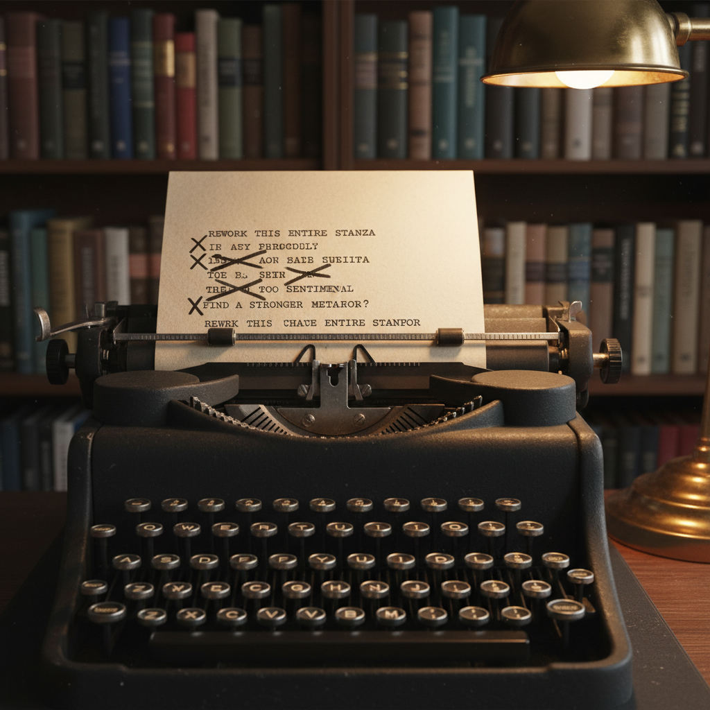 A close-up of a vintage mechanical typewriter in deep matte black, a half-finished poem emerging from its platen on crisp white paper. Certain lines are X’d out with thick strokes, while thoughtful, metacognitive comments are typed in smaller letters along the margins. The metal typebars and round glass keys show slight wear, catching glints of warm lamplight from a brass desk lamp out of frame. In the softly blurred background, shelves of hardbound poetry collections in muted tones line a shadowed wall. Photographic realism, dramatic side lighting, and a slightly elevated angle create a sophisticated, literary atmosphere with rich textures and a focused, contemplative mood.