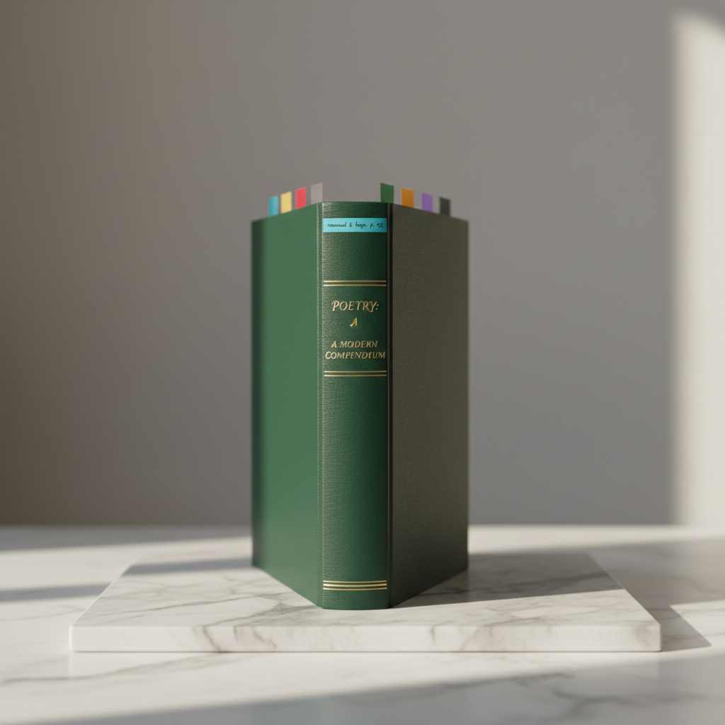 A minimalist still life of a single, dark green hardcover poetry anthology standing upright on a marble slab, its spine embossed with understated gold lettering. Several color-coded sticky tabs peek out along the top edge, each annotated with tiny, handwritten reflections visible in close focus on the nearest tab. Behind it, an out-of-focus background of cool grey and soft taupe suggests a calm study wall. A narrow beam of late-afternoon light falls diagonally across the spine, creating a luminous stripe and a faint shadow to the right. Photographic realism, captured with a shallow depth of field and centered composition, conveys a refined, contemplative mood that suits a sophisticated poetry curation site.