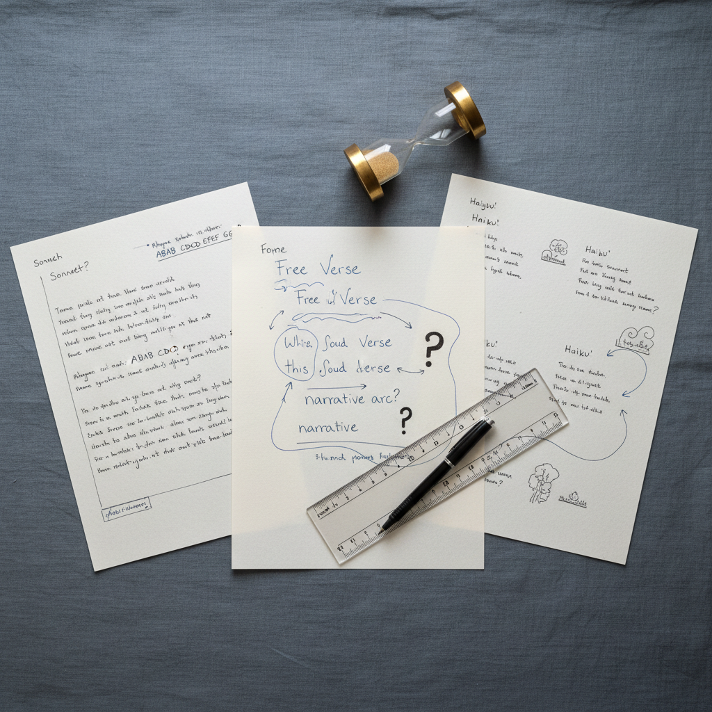 An arrangement of scattered poetry drafts on a slate-grey linen surface, each page displaying different poetic forms: a sonnet, a free verse piece, a haiku, all with handwritten reflections and arrows connecting ideas. A slim, translucent ruler and a fine-tipped black pen intersect the pages, suggesting careful structure and analysis. A small, sand-filled hourglass with brass caps stands near the top edge, its last grains falling. Soft, overcast window light from above creates even, diffused illumination with gentle paper shadows. Photographic realism with a top-down, bird’s-eye composition emphasizes geometric order and subtle asymmetry, evoking a sophisticated, analytical yet creative atmosphere ideal for meta-poetry.
